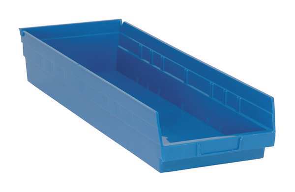 Shelf Storage Bin, Blue, Polypropylene, 23 5/8 in L x 8 3/8 in W x 4 in H, 50 lb Load Capacity