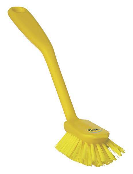 2 25/64 in W Dish Brush, Medium, 8 in L Handle, 3 1/8 in L Brush, Yellow, Plastic