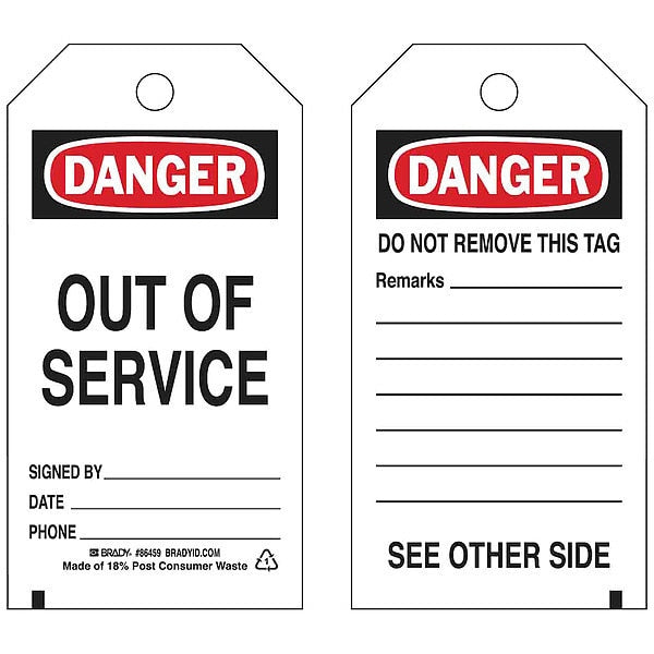 Danger Tag, 5-3/4 x 3 In, Out Of Svce, PK10