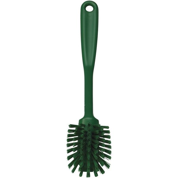 2 25/64 in W Dish Brush, Medium, 8 in L Handle, 3 1/8 in L Brush, Green, Plastic