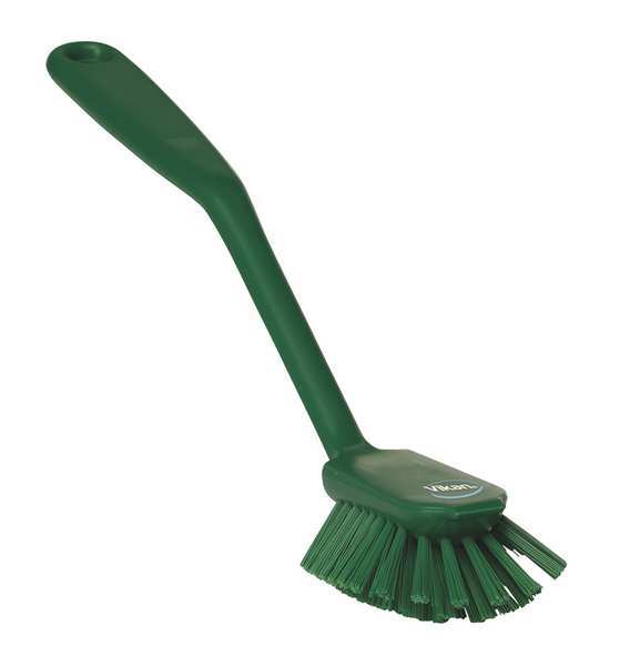 2 25/64 in W Dish Brush, Medium, 8 in L Handle, 3 1/8 in L Brush, Green, Plastic