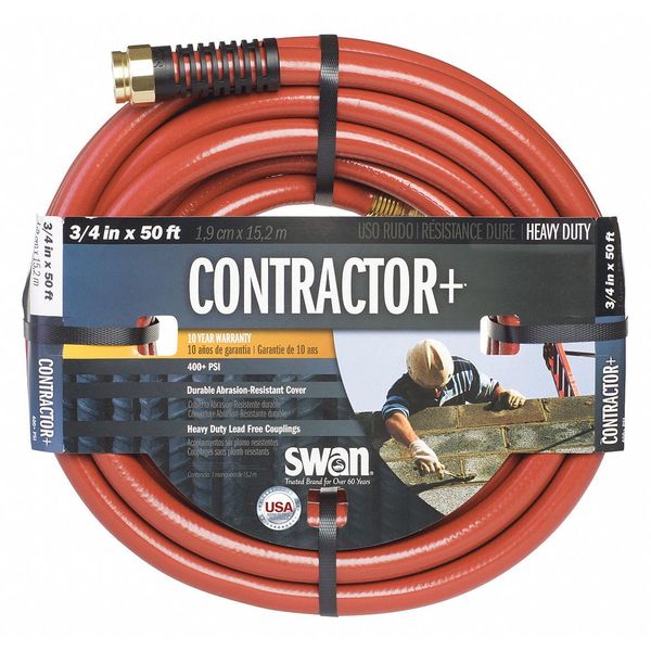 Water Hose, Contractor, 3/4 in Hose Inside Dia, 50 ft Hose L, Heavy Duty, Red