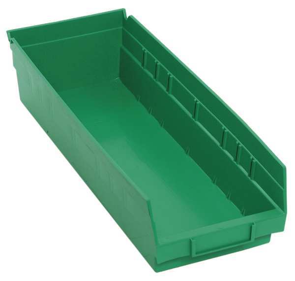 Shelf Storage Bin, Green, Polypropylene, 17 7/8 in L x 6 5/8 in W x 4 in H, 50 lb Load Capacity