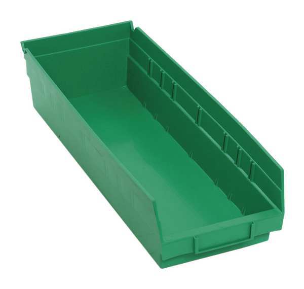 Shelf Storage Bin, Green, Polypropylene, 17 7/8 in L x 6 5/8 in W x 4 in H, 50 lb Load Capacity