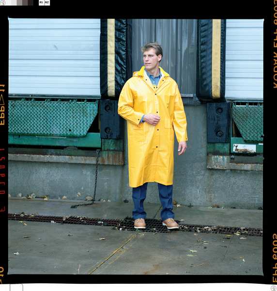 Classic Raincoat with Detachable Hood, PVC/Polyester, Waterproof, 48 in 2xL, Yellow, Large
