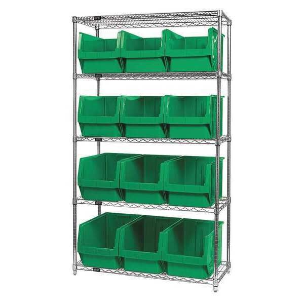Steel Bin Shelving, 42 in W x 74 in H x 18 in D, 5 Shelves, Green
