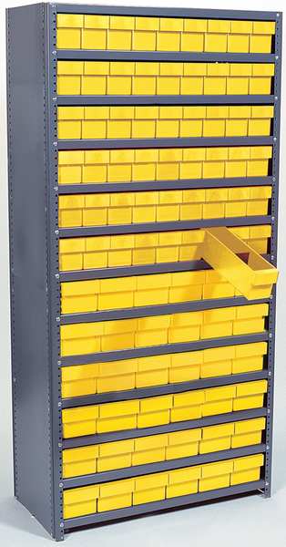 Steel Enclosed Bin Shelving, 36 in W x 75 in H x 12 in D, 19 Shelves, Yellow
