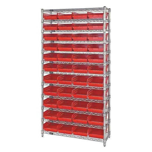 Steel, Polypropylene Bin Shelving, 36 in W x 74 in H x 18 in D, 12 Shelves, Red