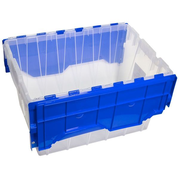 12 gal Attached Lid Container, Blue, Plastic, Steel Hinge