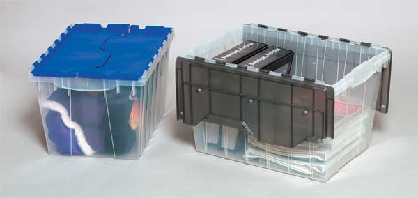12 gal Attached Lid Container, Blue, Plastic, Steel Hinge