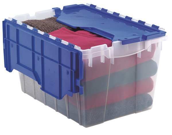 12 gal Attached Lid Container, Blue, Plastic, Steel Hinge
