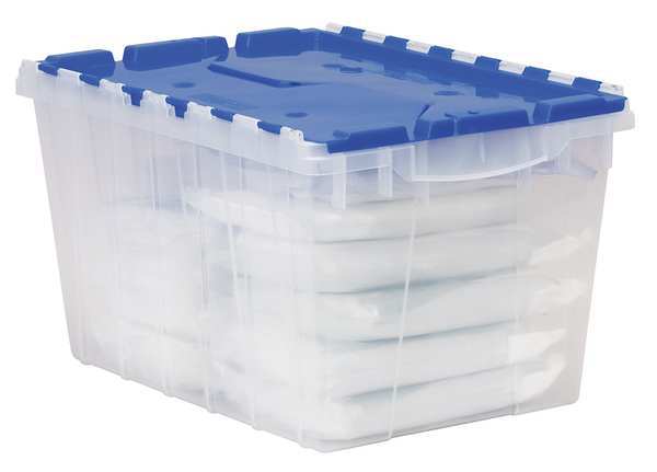 12 gal Attached Lid Container, Blue, Plastic, Steel Hinge
