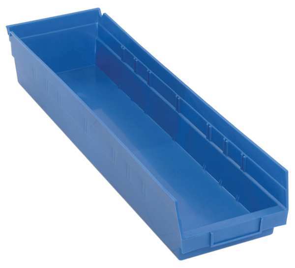 Shelf Storage Bin, Blue, Polypropylene, 23 5/8 in L x 6 5/8 in W x 4 in H, 50 lb Load Capacity