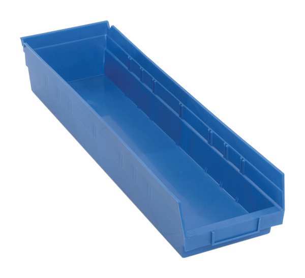Shelf Storage Bin, Blue, Polypropylene, 23 5/8 in L x 6 5/8 in W x 4 in H, 50 lb Load Capacity