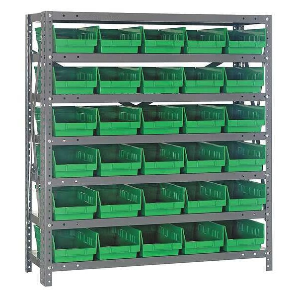 Steel Bin Shelving, 36 in W x 39 in H x 12 in D, 7 Shelves, Green