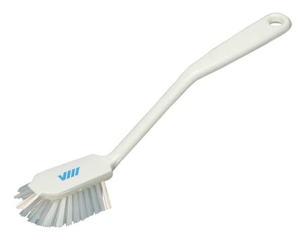 2 25/64 in W Dish Brush, Medium, 8 in L Handle, 3 1/8 in L Brush, White, Plastic