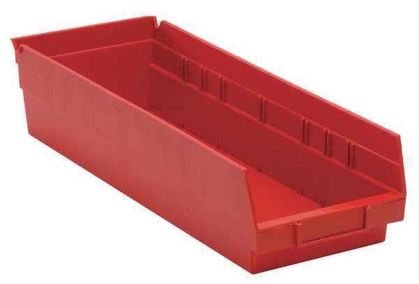 Shelf Storage Bin, Red, Polypropylene, 17 7/8 in L x 6 5/8 in W x 4 in H, 50 lb Load Capacity