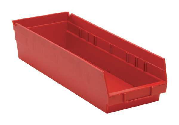 Shelf Storage Bin, Red, Polypropylene, 17 7/8 in L x 6 5/8 in W x 4 in H, 50 lb Load Capacity
