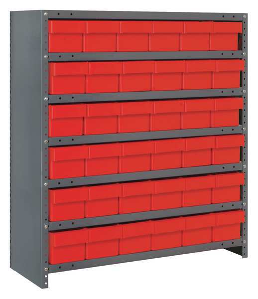 Steel Enclosed Bin Shelving, 36 in W x 39 in H x 12 in D, 7 Shelves, Red