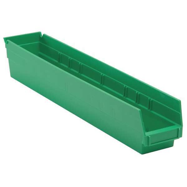 Shelf Storage Bin, Green, Polypropylene, 23 5/8 in L x 4 1/8 in W x 4 in H, 50 lb Load Capacity