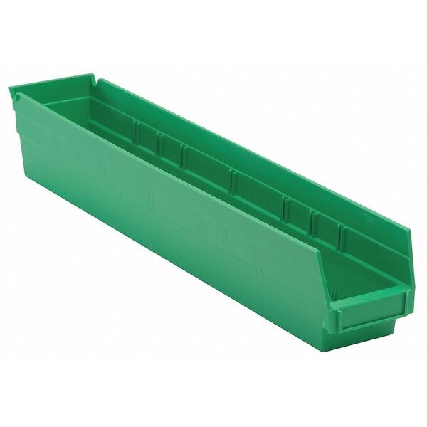 Shelf Storage Bin, Green, Polypropylene, 23 5/8 in L x 4 1/8 in W x 4 in H, 50 lb Load Capacity