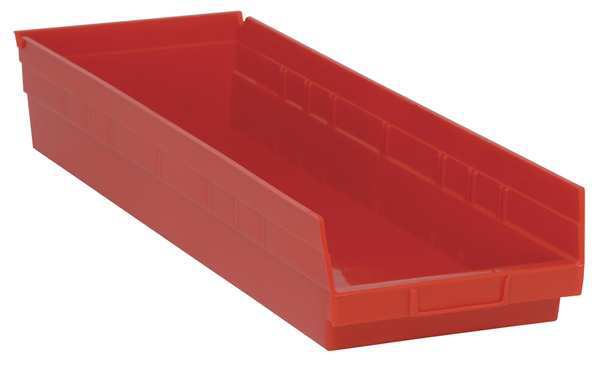 Shelf Storage Bin, Red, Polypropylene, 23 5/8 in L x 8 3/8 in W x 4 in H, 50 lb Load Capacity