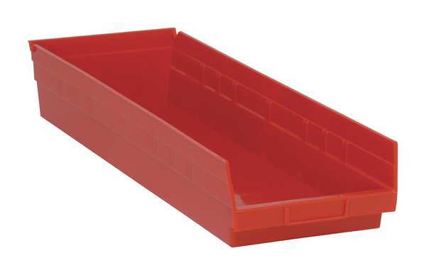 Shelf Storage Bin, Red, Polypropylene, 23 5/8 in L x 8 3/8 in W x 4 in H, 50 lb Load Capacity