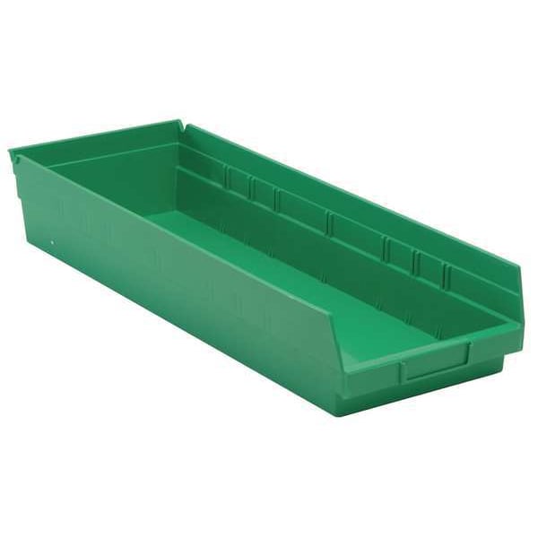 Shelf Storage Bin, Green, Polypropylene, 23 5/8 in L x 8 3/8 in W x 4 in H, 50 lb Load Capacity