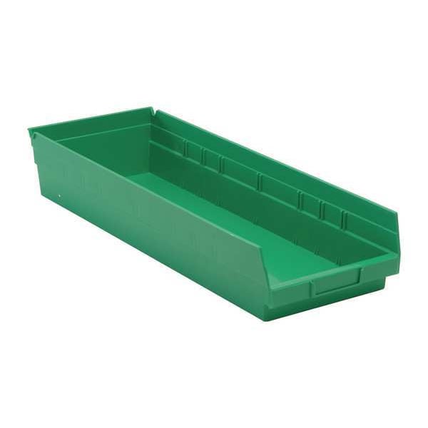 Shelf Storage Bin, Green, Polypropylene, 23 5/8 in L x 8 3/8 in W x 4 in H, 50 lb Load Capacity