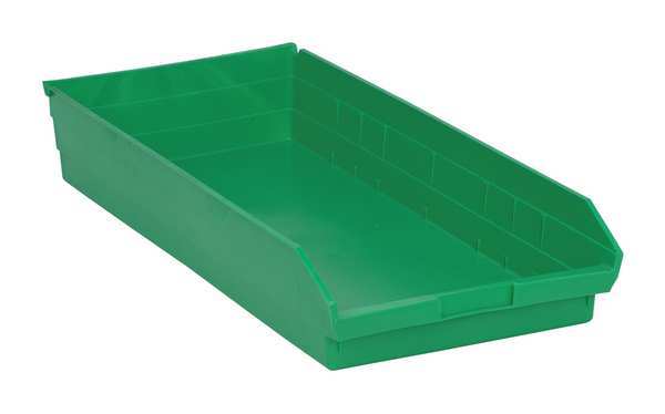 Shelf Storage Bin, Green, Polypropylene, 23 5/8 in L x 11 1/8 in W x 4 in H, 50 lb Load Capacity