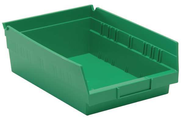 Shelf Storage Bin, Green, Polypropylene, 11 5/8 in L x 8 3/8 in W x 4 in H, 50 lb Load Capacity