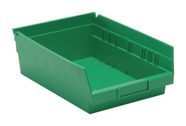 Shelf Storage Bin, Green, Polypropylene, 11 5/8 in L x 8 3/8 in W x 4 in H, 50 lb Load Capacity