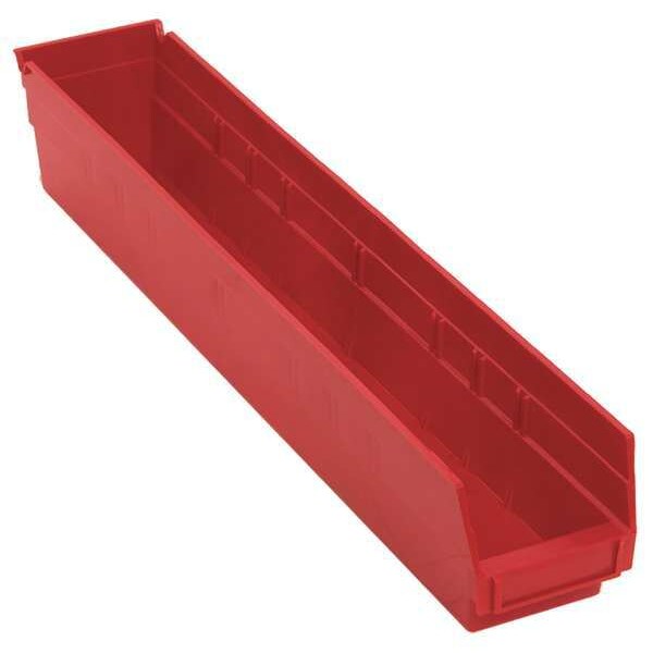 Shelf Storage Bin, Red, Polypropylene, 23 5/8 in L x 4 1/8 in W x 4 in H, 50 lb Load Capacity