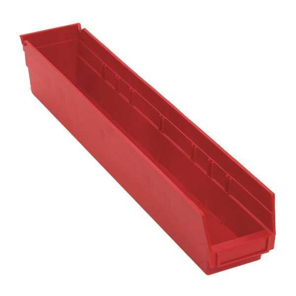 Shelf Storage Bin, Red, Polypropylene, 23 5/8 in L x 4 1/8 in W x 4 in H, 50 lb Load Capacity