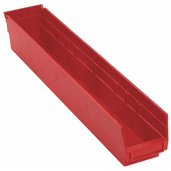 Shelf Storage Bin, Red, Polypropylene, 23 5/8 in L x 4 1/8 in W x 4 in H, 50 lb Load Capacity