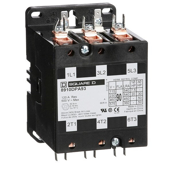 208/240VAC Non-Reversing Definite Purpose Contactor 3P 90A, Depth: 4.37 in