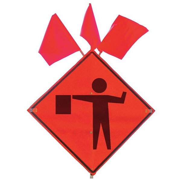Flagger Ahead Traffic Sign, 36 in Height, 36 in Width, Polyester, PVC, Diamond, No Text