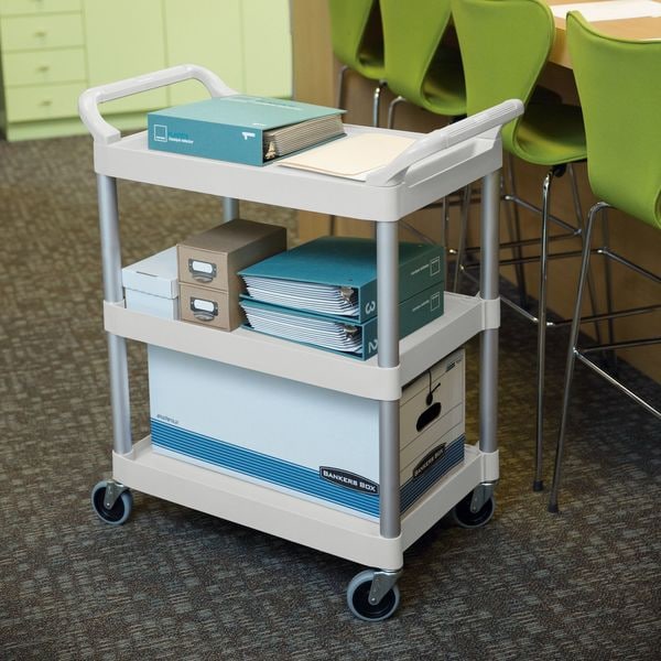 Plastic Dual-Handle Utility Cart with Lipped Plastic Shelves, (2) Raised, 3 Shelves, 200 lb