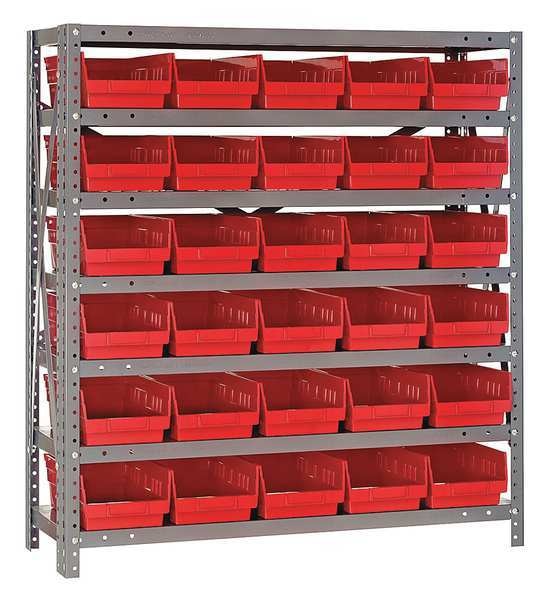 Steel Bin Shelving, 36 in W x 39 in H x 12 in D, 7 Shelves, Red