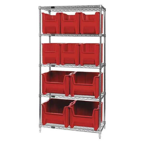 Steel Bin Shelving, 36 in W x 74 in H x 18 in D, 5 Shelves, Red