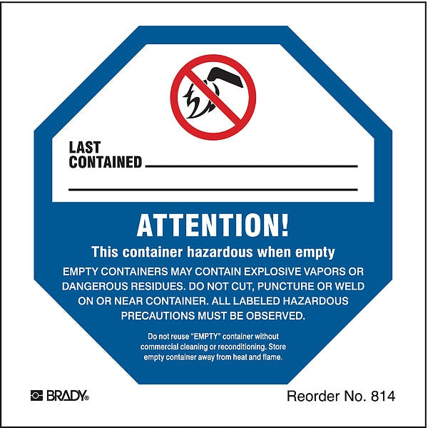 Empty Drum Warning Label, 4 In. H, PK100