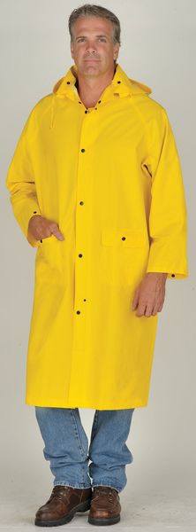 Classic Raincoat with Detachable Hood, PVC/Polyester, Waterproof, 49 in L, Yellow, XL