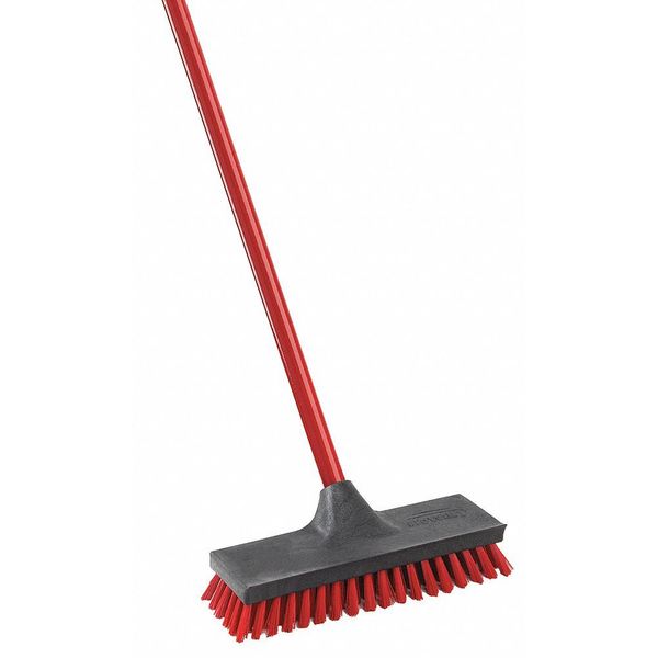 3 1/4 in W Scrub Brush, Stiff, 49 in L Handle, 10 1/2 in L Brush, Red, Wood, 10 1/2 in L Overall