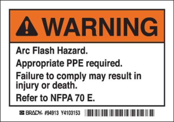 Arc Flash Warning Label, 3 1/2 in Height, 5 in Width, Polyester, Horizontal Rectangle, English