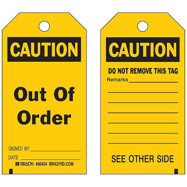 Caut Tag, 5-3/4 x 3 In, Bk/Yel, 3/8 In, PK10, 86543
