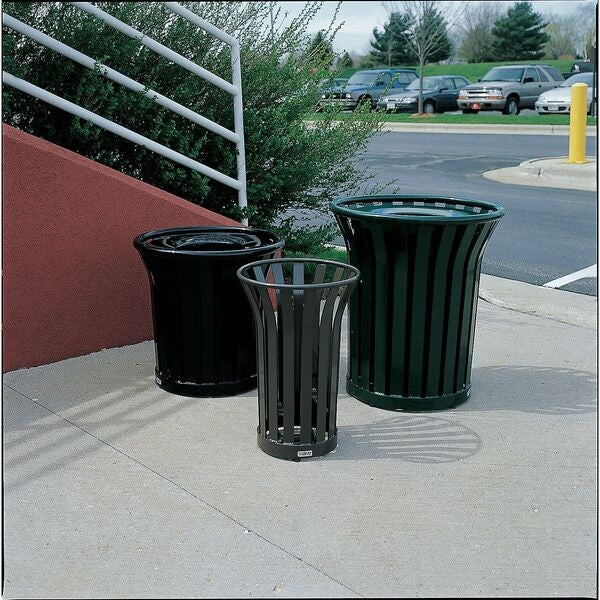 36 gal Round Trash Can, Black, 29 in Dia, None, Steel, Rigid Plastic