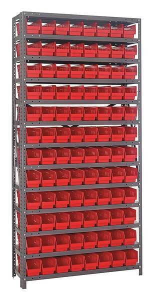 Steel Bin Shelving, 36 in W x 75 in H x 12 in D, 13 Shelves, Gray/Red