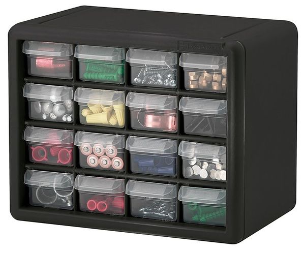 Drawer Bin Cabinet with 16 Drawers, Plastic, 10 1/2 in W x 8 1/2 in H x 6 1/2 in D