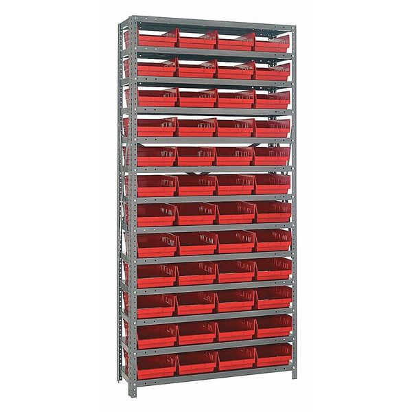 Steel Bin Shelving, 36 in W x 75 in H x 12 in D, 13 Shelves, Gray/Red