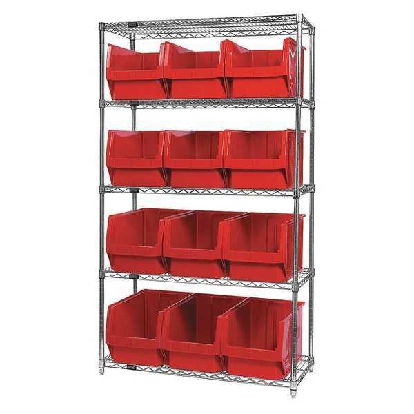 Steel Bin Shelving, 42 in W x 74 in H x 18 in D, 5 Shelves, Red